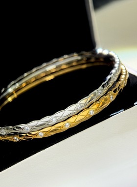 S925纯银 窄版菱格手镯光面带钻交叉纹双面可戴高级感轻奢X纹