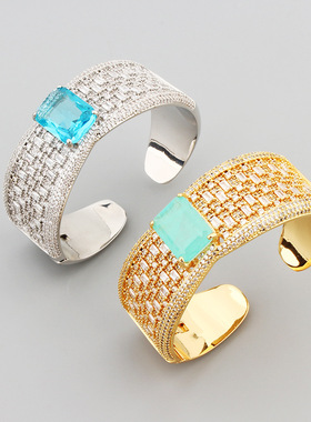 欧美风气质小奢宫廷风微镶锆石天空蓝石开口手镯跨境热款