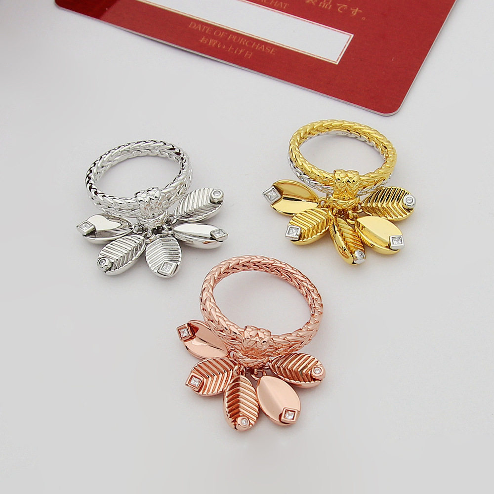 亚金首饰 咖啡豆叶子带钻戒指 5片咖啡树叶串戒指 麻花戒指