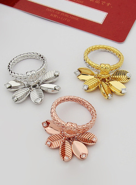 亚金首饰 咖啡豆叶子带钻戒指 5片咖啡树叶串戒指 麻花戒指