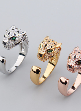 欧美时尚流行气质豹头情侣对戒个性手环饰品黑花镀金豹子戒指