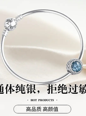 潘家风格手镯纯银手链小众轻奢路路通串珠素圈银手镯可穿珠手环女