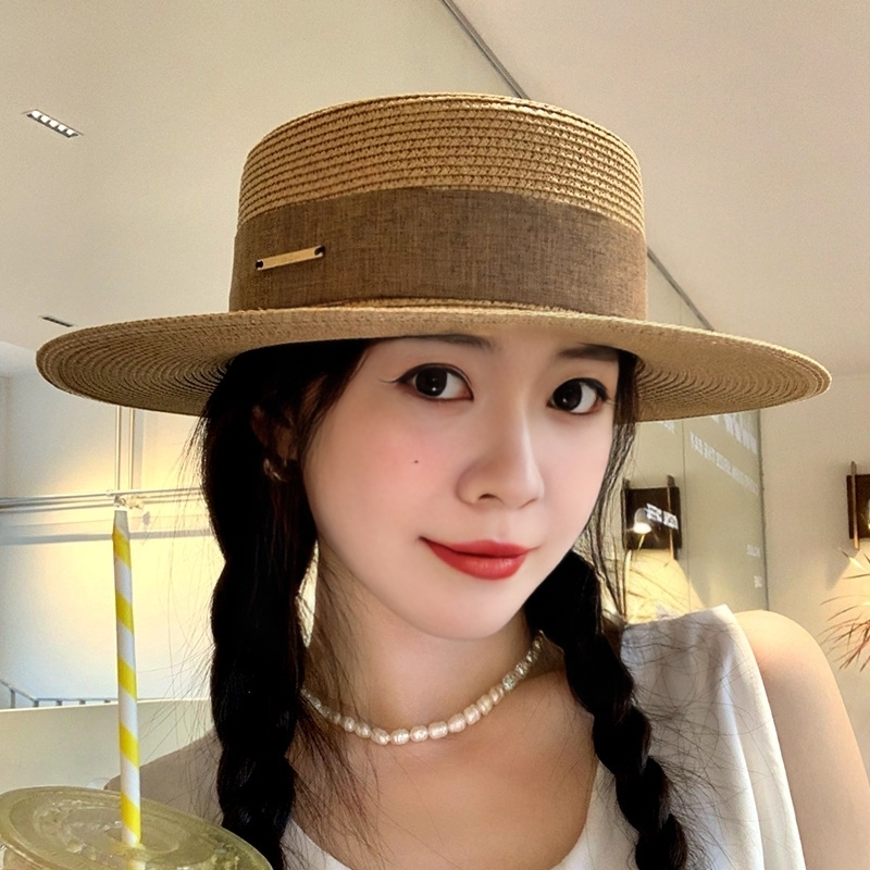 赫本风法式平顶草帽子女夏季海边度假沙滩帽日系防紫外线遮阳