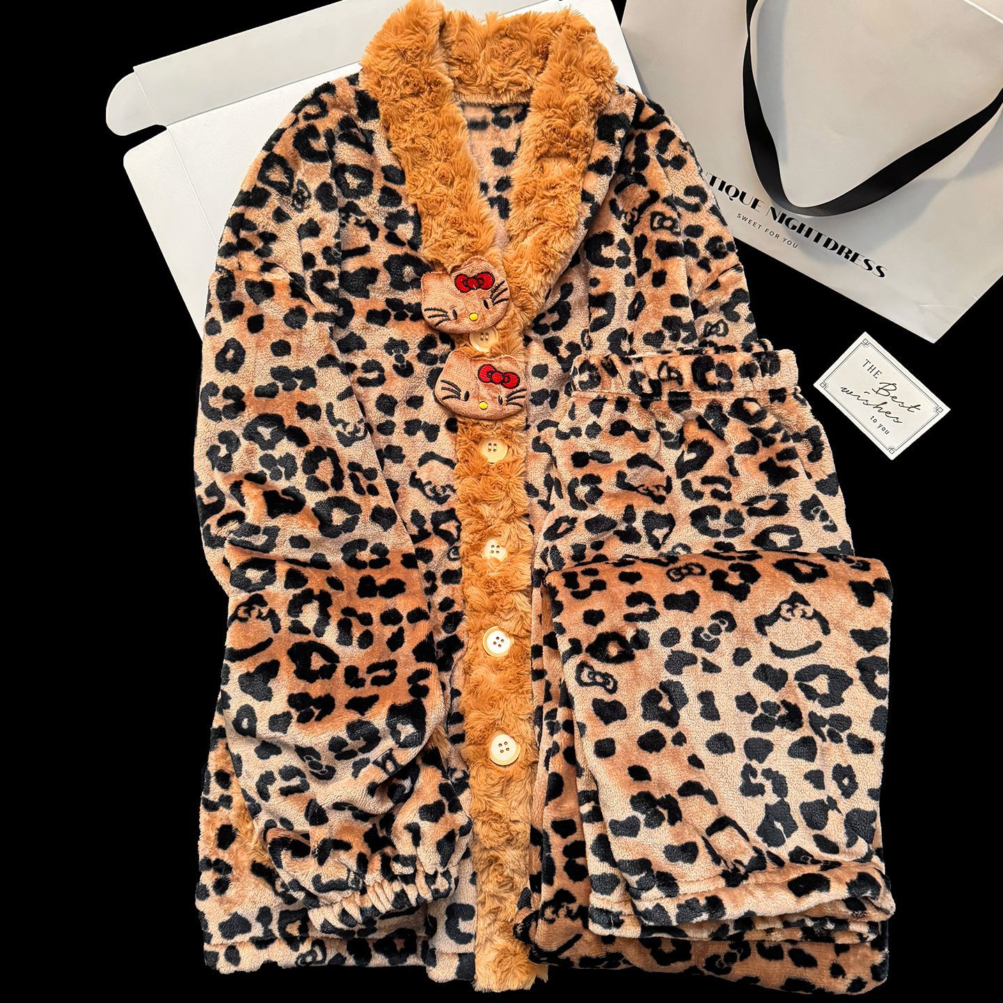 纯欲豹纹KT猫海岛绒睡衣女款秋冬韩版洋气保暖双面绒可外穿家居服