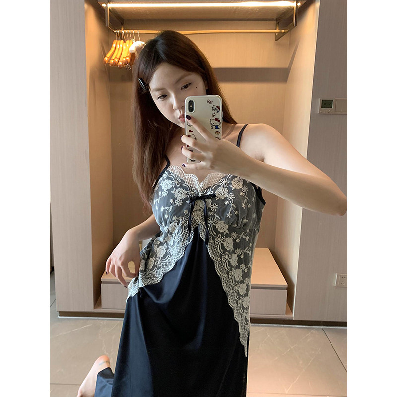 夏季睡衣女款性感纯欲冰丝V领蕾丝边吊带睡裙带胸垫高级休闲长裙