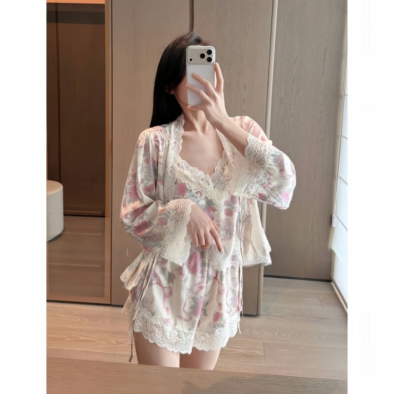 性感轻奢吊带睡衣女带胸垫夏季冰丝薄款家居服蕾丝花边短裤两件套