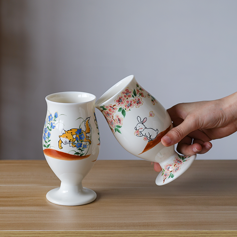日本进口树影向阳高脚杯陶瓷红酒杯创意手绘果酒杯清酒杯白酒烈酒