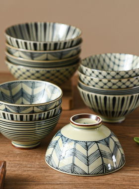 日本进口古染米饭碗汤碗家用单个高脚小碗釉下彩陶瓷器日式料理