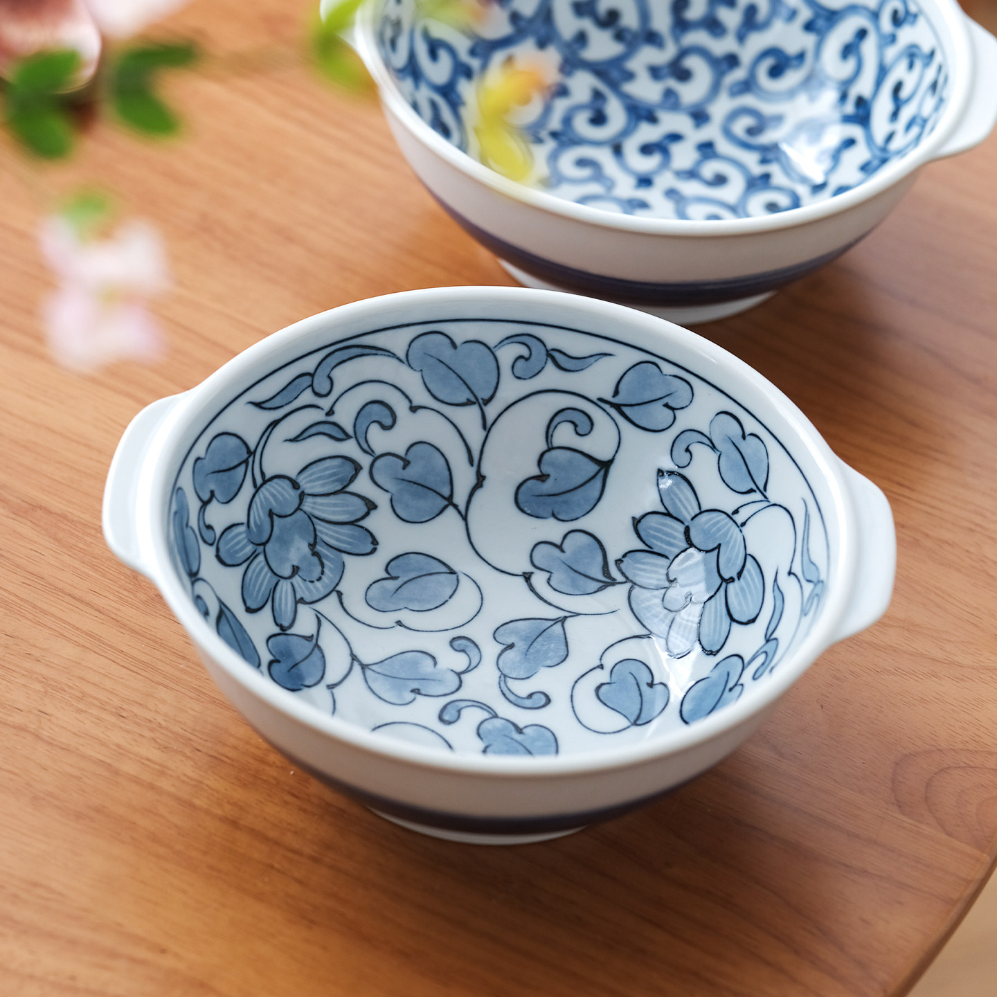 日本制 双耳面碗 复古青花一人食大汤碗沙拉碗带手柄陶瓷多用碗