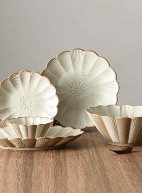 西田木雨花丘系列粗陶斗笠碗汤碗圆盘椭圆盘复古陶瓷碗碟套装家用