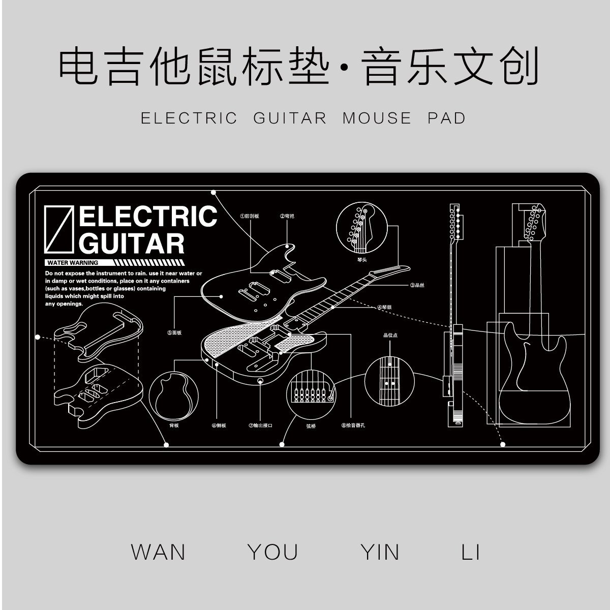 【电吉他鼠标垫】结构图桌面大办公宿舍琴工业风格锁边厚垫子文创