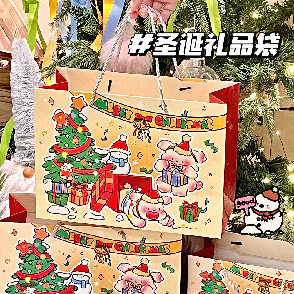 圣诞节礼品袋可爱卡通手提白卡纸袋子厚实耐用苹果礼物包装袋纸类