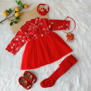 宝宝周岁礼服女宝红色连衣裙春秋洋气婴儿百日宴小公主裙秋装一岁
