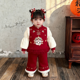 一周岁女宝礼服冬装喜庆红色套装拜年服女童女宝宝生日抓周宴衣服