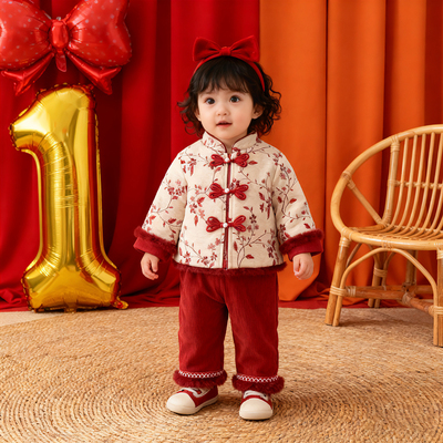 一周岁女宝礼服唐装红色喜庆套装