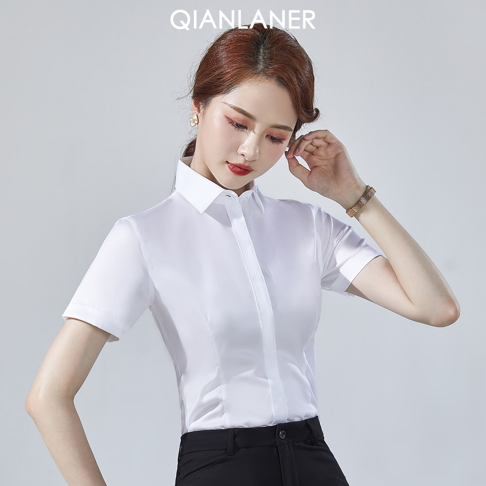 白衬衫女短袖职业气质面试正装工作服工装2023年春夏纯棉白色衬衣