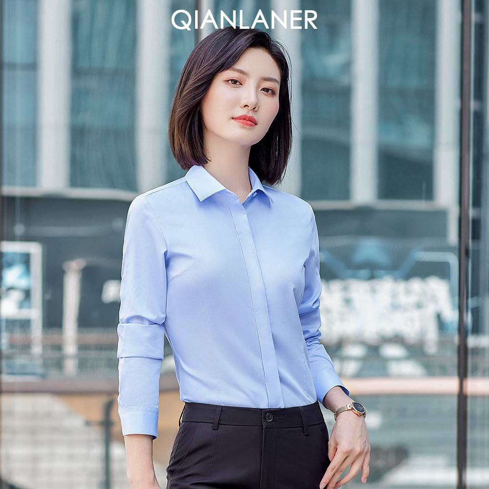 纯棉白衬衫女职业装长袖V领正装
