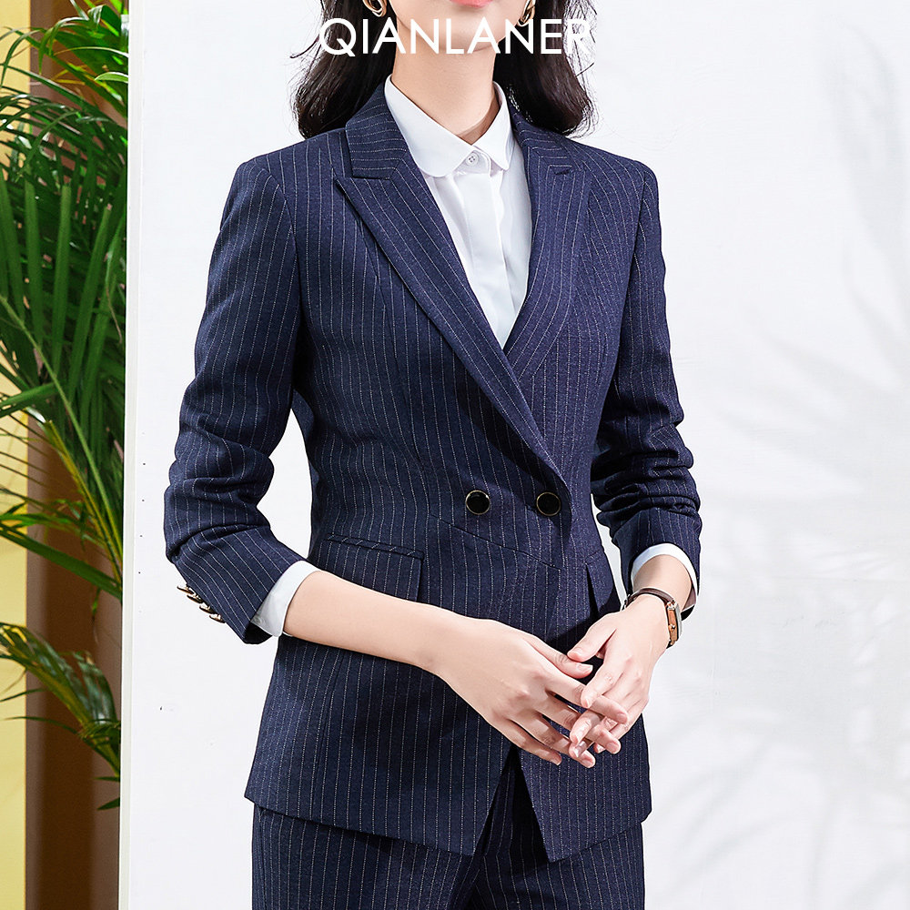 千兰儿秋高端蓝色条纹西服总裁OL职业西装套装女韩版时尚气质女神