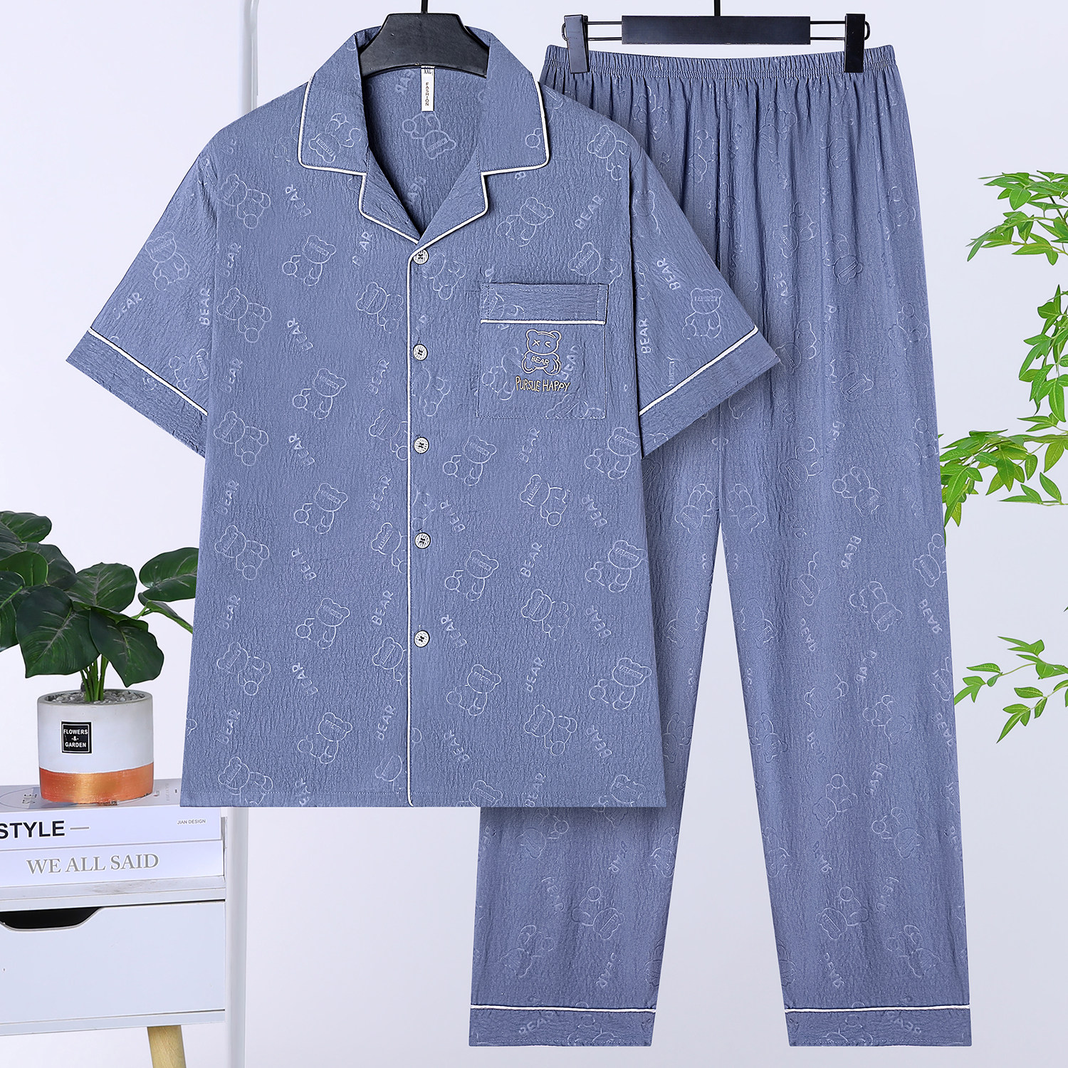 外贸原单男士睡衣夏季薄款纯棉短袖长裤普宁空调房款家居服套装