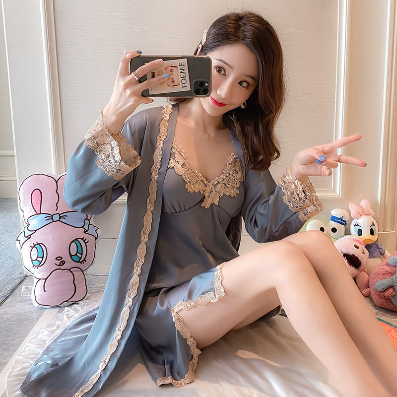 春秋薄款冰丝睡裙女性感吊带夏睡衣长袖睡袍丝绸两件套装女士浴袍