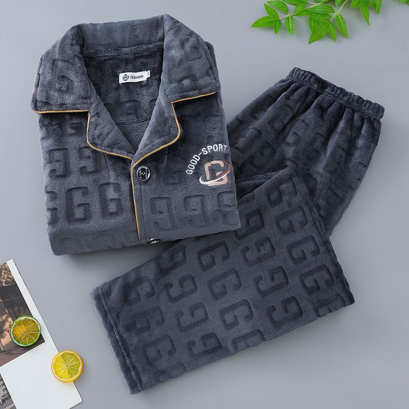 南方揭阳睡衣男珊瑚绒秋冬季加绒加厚简约风法兰绒家居服两件套装