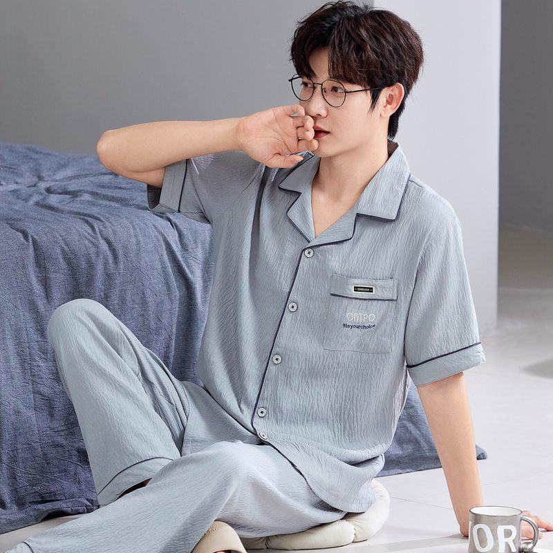 男士睡衣夏季薄款云棉正品加大码广州普宁衬衫领空调房家居服套装