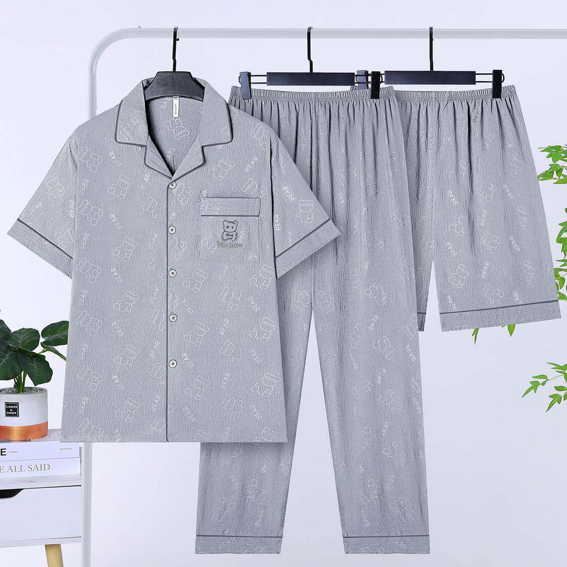 春夏季三件套男士揭阳睡衣纯棉短袖薄款加肥加大家居服空调房套装