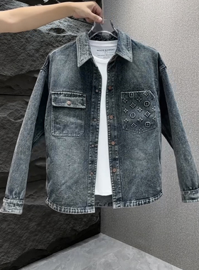 男装2025新款翻领夹克男潮流水洗渐变色牛仔衬衣外套宽松春秋上衣