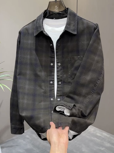 2025秋季新款潮流复古牛仔格纹衬衫男宽松休闲百搭痞帅长袖外套潮