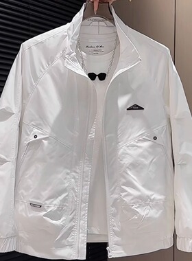 春秋款工装男士外套2025新款痞帅时尚青年防风立领夹克白色外套男