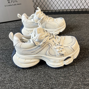 系带透气百搭运动休闲鞋 新款 潮 女2026春季 6cm厚底增高真皮老爹鞋