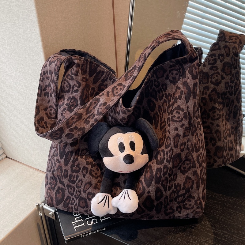 秋冬复古豹纹腋下包包女大容量通勤单肩包可爱米奇鹿皮绒托特大包