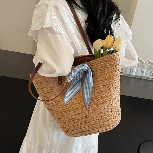 夏季大容量草编包包女2025新款海边度假编织水桶包通勤单肩托特包