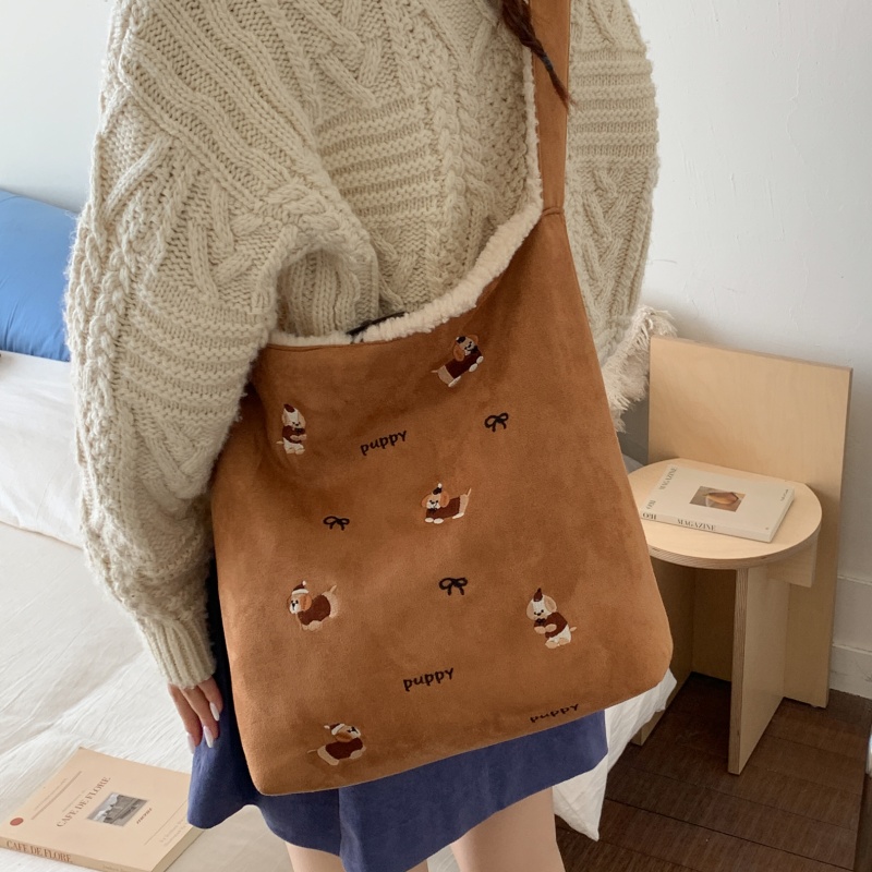 冬季大容量毛绒包包女鹿皮绒刺绣小狗斜挎包羊羔毛单肩通勤托特包