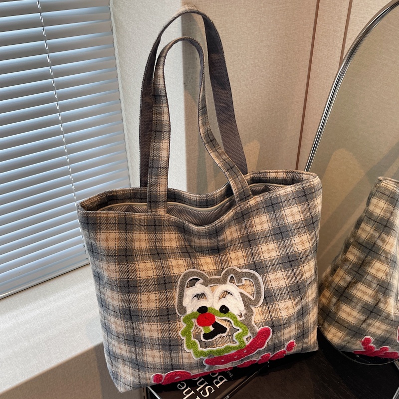 格子毛呢帆布托特包大容量通勤包