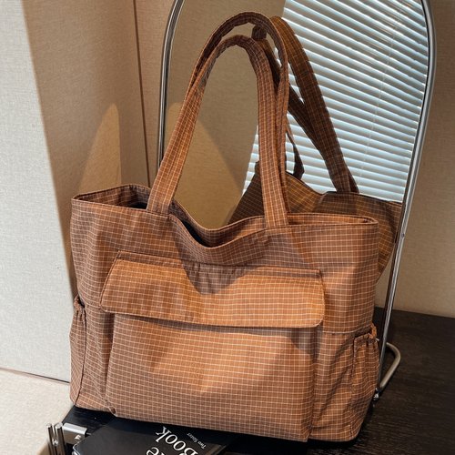 格纹帆布托特包大容量通勤手提袋