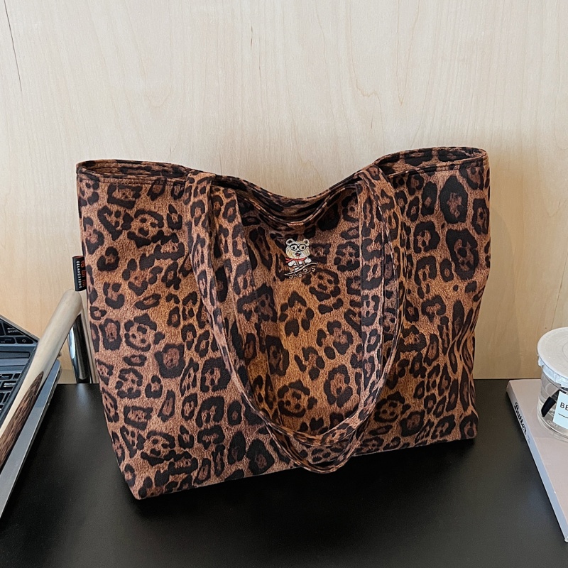 秋冬豹纹鹿皮绒包包女大容量上课通勤手提袋高级感复古单肩托特包