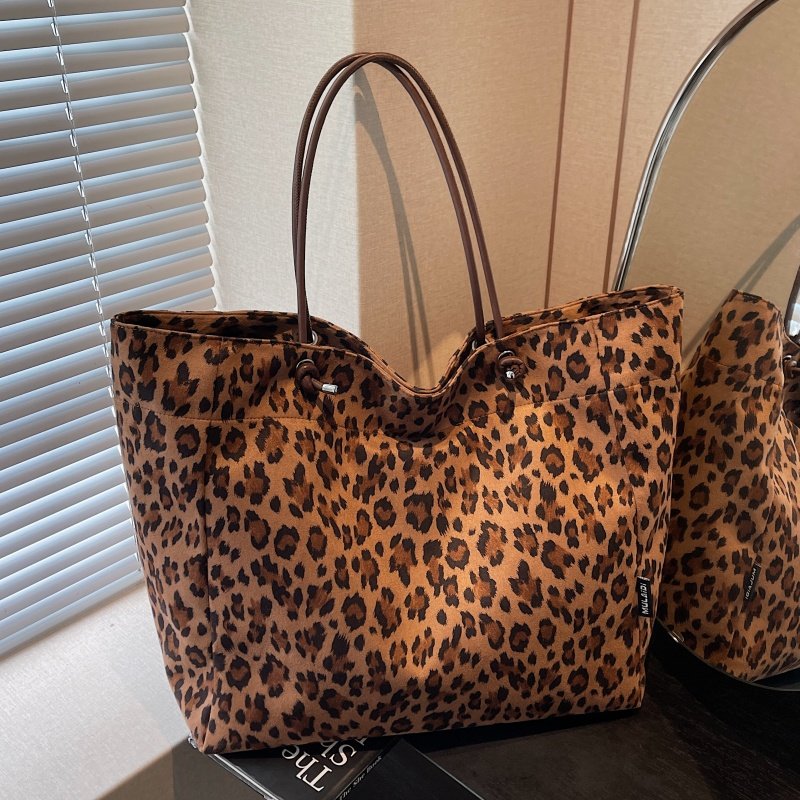 大容量托特包包女冬外出通勤手提豹纹布袋复古鹿皮绒百搭单肩大包