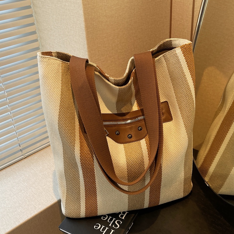 通勤条纹帆布托特包大容量手提袋