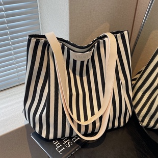 小众条纹帆布包包女夏大容量上课手提袋慵懒风百搭单肩通勤托特包