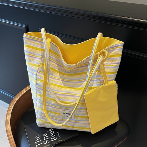 夏季条纹双面帆布包大容量旅行袋