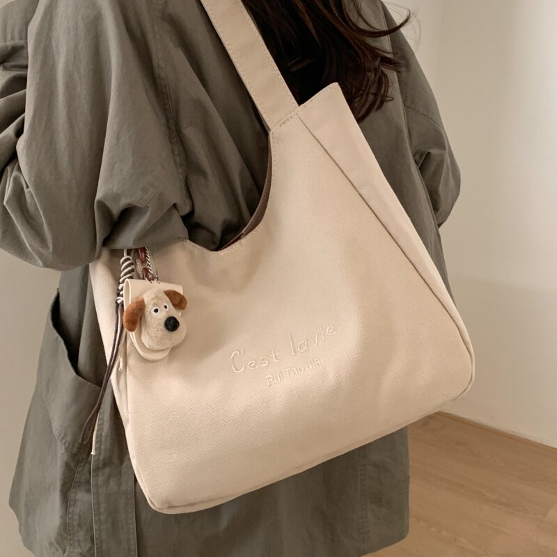 刺绣帆布包包女简约休闲大容量手提袋ins百搭单肩学生上课托特包