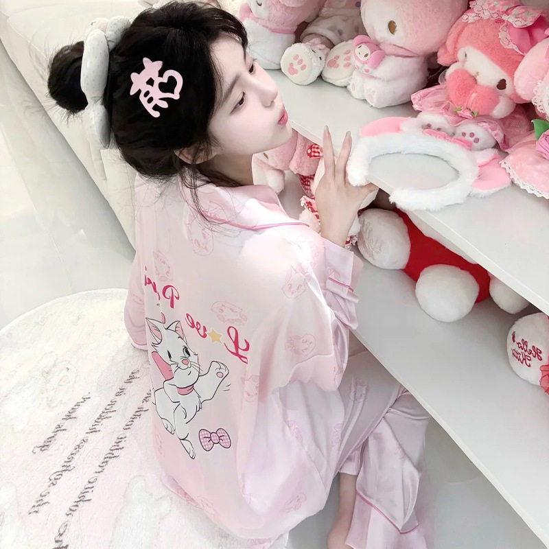 小猫咪睡衣女款春秋季长袖感冰丝夏天甜美风短袖家居服可外穿图片