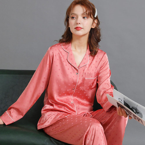 燕情尔春秋丝绸睡衣女春夏薄款白色印花休闲冰雪丝家居服套装