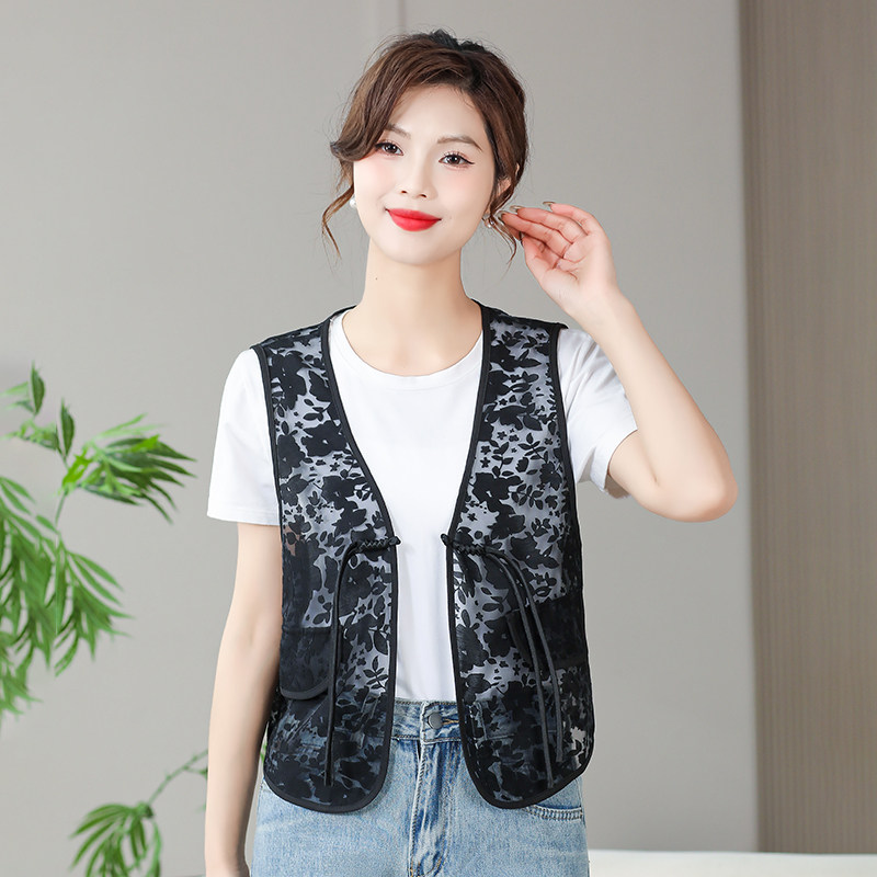 高档新中式复古V领黑色马甲背心女夏国风流苏盘扣轻薄坎肩外搭衣