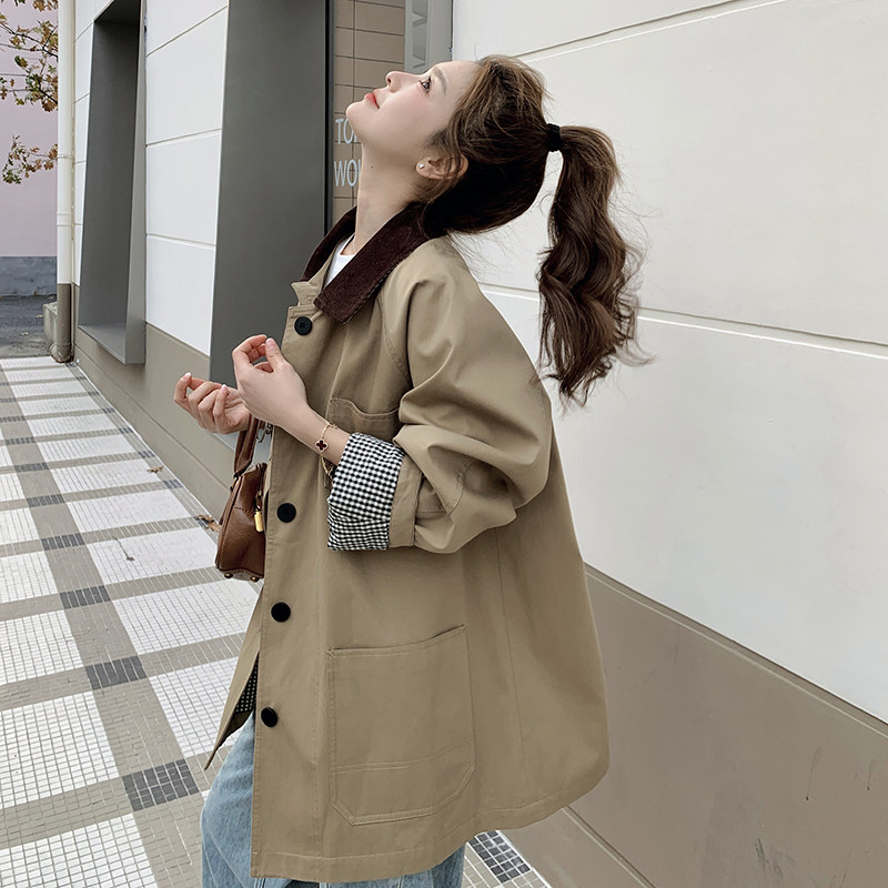 数据好 格子拼接风衣外套F663P145控218图片
