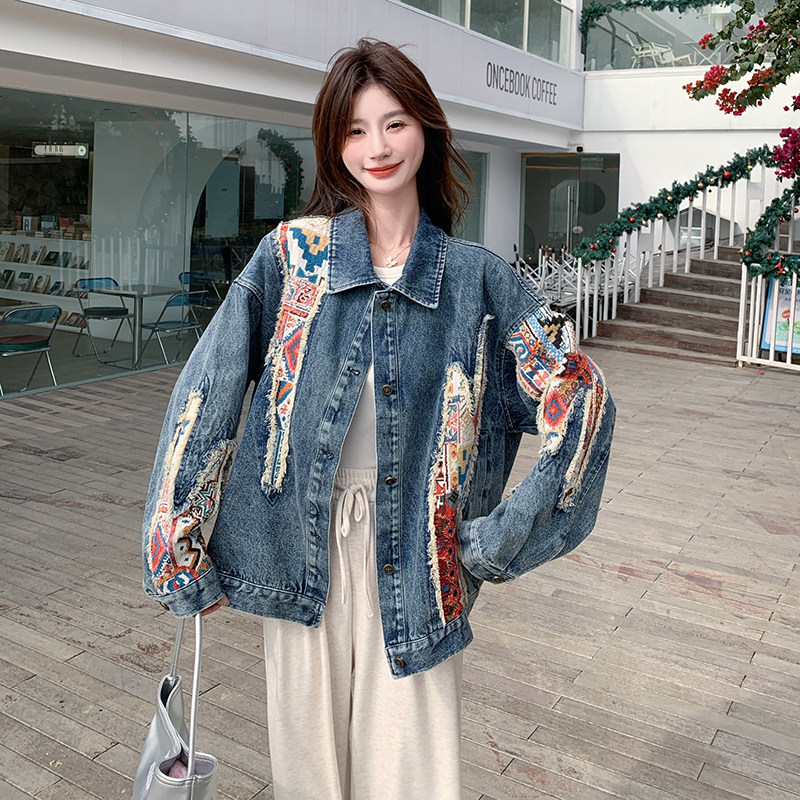 新品有买家秀牛仔拼接刺绣花布外套2033P145控218,女装短外套,2C182