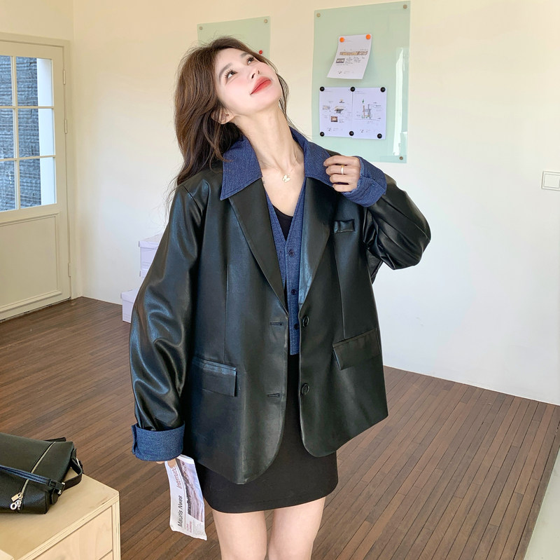 大货数据好春款新款假两件拼接牛仔皮衣外套8611P185控298,女装短外套,2C182