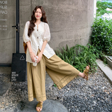 文艺刺绣衬衫套装女2025年夏季新款气质时尚高腰显瘦阔腿裤两件套，女装套装/套裙，2C182