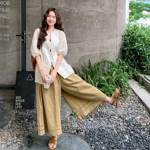 文艺刺绣衬衫套装女2025年夏季新款气质时尚高腰显瘦阔腿裤两件套图片